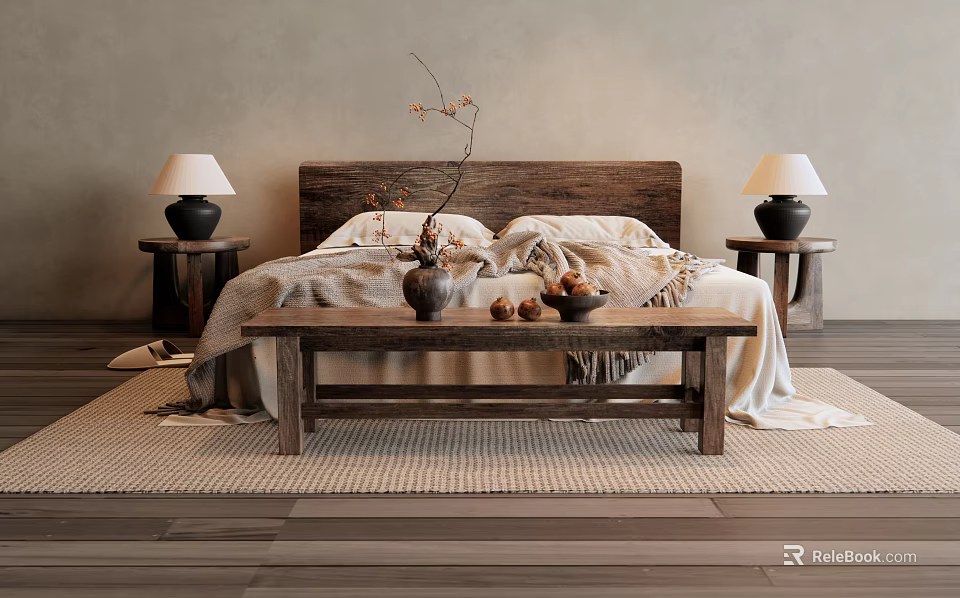 Double Bed In Bedroom With Wooden Headboard Nightstands Table Lamps Rug Vase And Fruit Bowl 3d model 