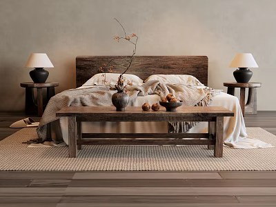 Double Bed In Bedroom With Wooden Headboard Nightstands Table Lamps Rug Vase And Fruit Bowl 3d model
