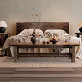 Double Bed In Bedroom With Wooden Headboard Nightstands Table Lamps Rug Vase And Fruit Bowl