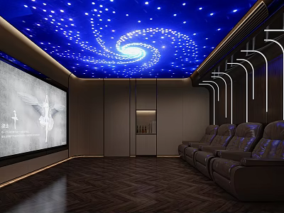 Modern Home Theater Room With Starry Blue Spiral Ceiling Large Screen And Leather Seats 3d model