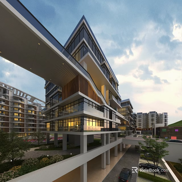 Modern Multi Storey Office Building With Glass Curtain Wall Overhanging Structure And Evening Lighting 3d model 