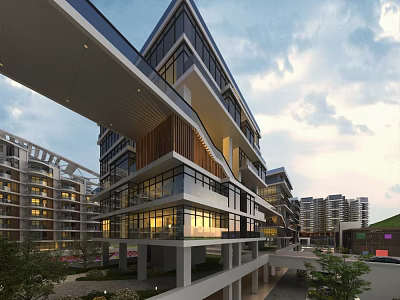 Modern Multi Storey Office Building With Glass Curtain Wall Overhanging Structure And Evening Lighting 3d model