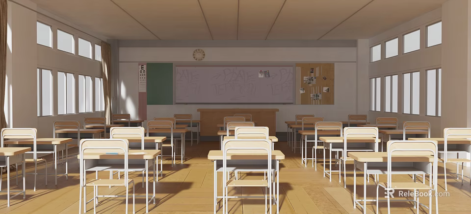 Well Lit School Classroom With Desks Chairs Blackboard And Clock 3d model 