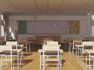 Well Lit School Classroom With Desks Chairs Blackboard And Clock 3d model