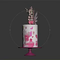 Pink Cake With Pink And Yellow Patterns And Decorations On Pink Stand