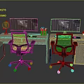 Dual Computer Monitors Setup With Office Desks Chairs Globe Pen Holder And Cup 3d model
