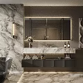 Modern Bathroom Vanity with Marble Countertop Illuminated Mirror Wall Sconces and Vase