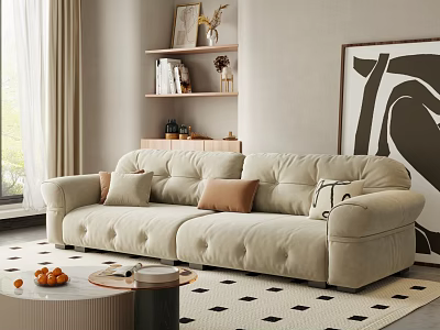 Beige Plush Two Seater Sofa With Pillows Coffee Table And Bookshelf In Modern Living Room 3d model