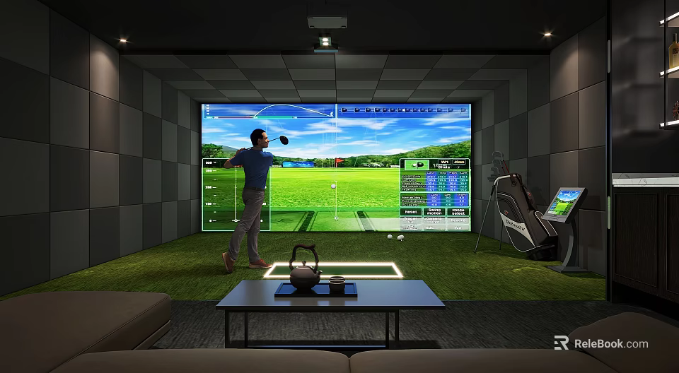 Indoor Golf Simulator Sports Fitness Training With Man Swinging Club On Virtual Course 3d model 