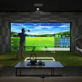 Indoor Golf Simulator Sports Fitness Training With Man Swinging Club On Virtual Course