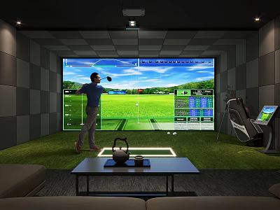 Indoor Golf Simulator Sports Fitness Training With Man Swinging Club On Virtual Course 3d model