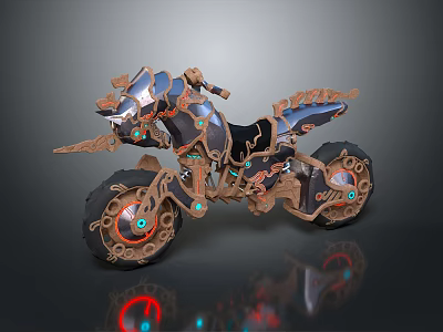 Intricate Futuristic Motorcycle With Decorative Metallic Finish Blue Brown Accents And Detailed Wheels 3d model