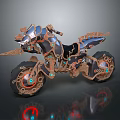 Intricate Futuristic Motorcycle With Decorative Metallic Finish Blue Brown Accents And Detailed Wheels