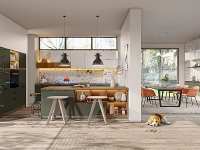 Modern Open Kitchen Interior With Island Cabinets Bar Stools And Natural Light 3d model