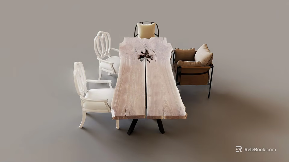 Wooden Dining Table With White Carved Chairs And Brown Sofa Cushion Setup 3d model 
