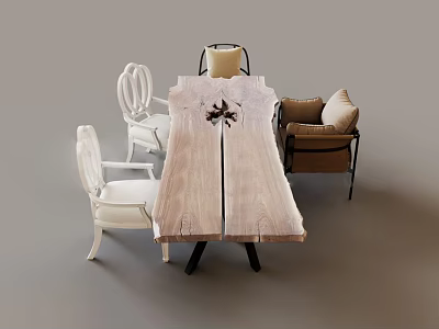 Wooden Dining Table With White Carved Chairs And Brown Sofa Cushion Setup 3d model