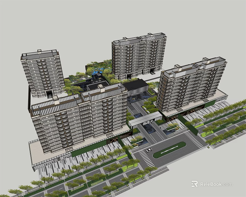Modern High Rise Residential Buildings with Central Green Spaces and Surrounding Roads 3d model 