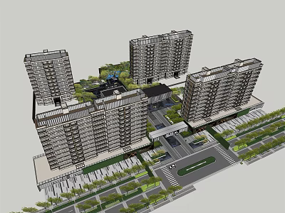 Modern High Rise Residential Buildings with Central Green Spaces and Surrounding Roads 3d model