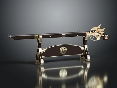 Ancient Decorative Crossbow Weapon With Wooden Metal Structure Lion Head Carving And Flame Ornament 3d model