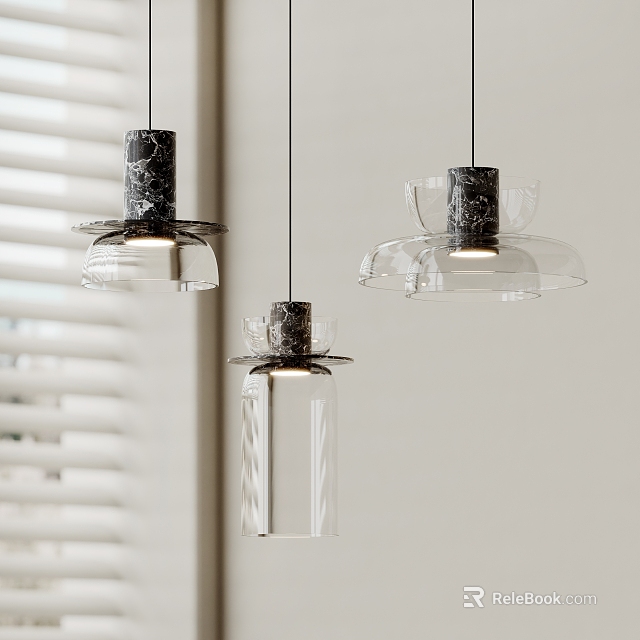 Three Modern Pendant Lights With Transparent Glass Shades And Marble Accent Bases For Contemporary Interior 3d model 