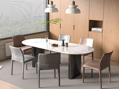 Stylish Dining Table with White Marble Top Black Base Gray Pink Chairs and Pendant Lights 3d model