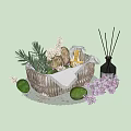 Decorative Ornament Set With Green Herbs Purple Flowers Green Fruits And Aromatherapy Diffuser