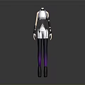White Sleeveless Top With Black Arm Bands And Purple Black Gradient Pants With Black Boots