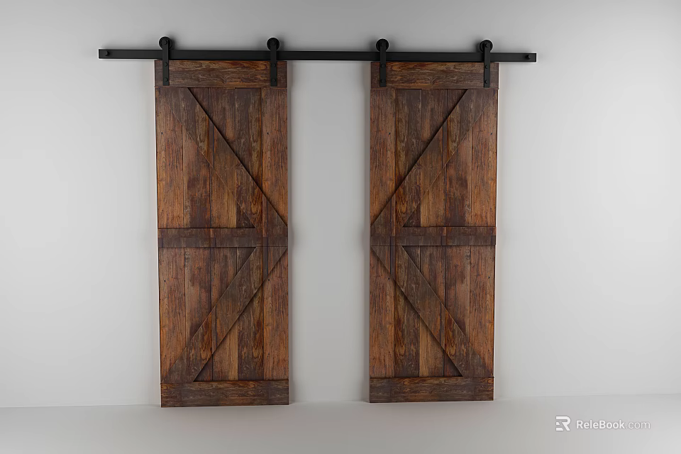 Rustic Wooden Barn Door Sliding Design with Cross Panel Details for Interior Spaces 3d model 