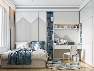 Modern Kids Room Interior Design With Bed Pillows Desk Chair Bookshelf And Geometric Wall Patterns 3d model