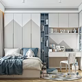 Modern Kids Room Interior Design With Bed Pillows Desk Chair Bookshelf And Geometric Wall Patterns