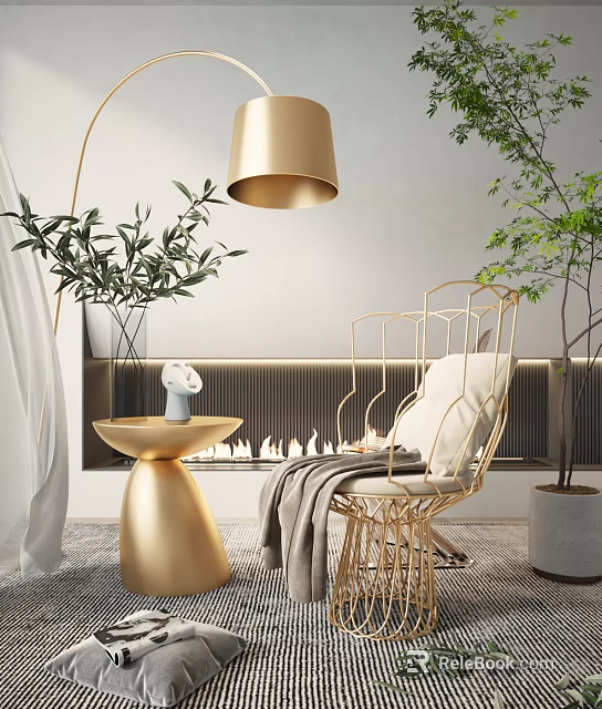 Modern Elegant Leisure Chair With Golden Frame White Cushion Throw Blanket And Green Plants 3d model 