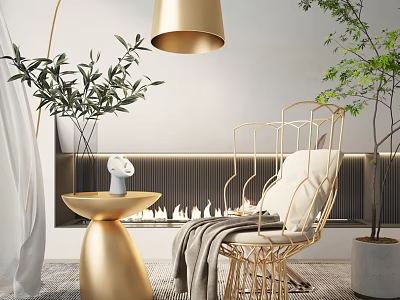 Modern Elegant Leisure Chair With Golden Frame White Cushion Throw Blanket And Green Plants 3d model