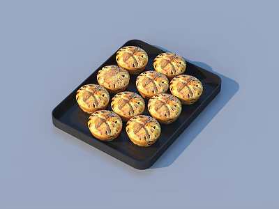 Ten Golden Round Pastries With Crisscross Patterns On Black Serving Tray 3d model