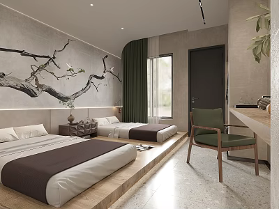 Bedroom Interior Design With Two Beds Tree Branch Artwork Green Curtains And Green Chair 3d model