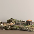 Natural Stone and Wood Rustic Decorative Elements Featuring Tree Stump and Moss Covered Logs 3d model