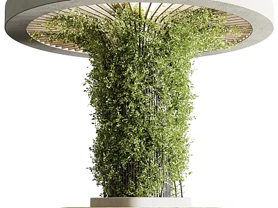 Decorative Column Covered With Green Foliage And Circular Wooden Top For Garden Design 3d model