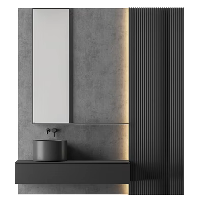 Modern Bathroom Sink Vanity With Gray Wall Mirror And Black Accents 3d model