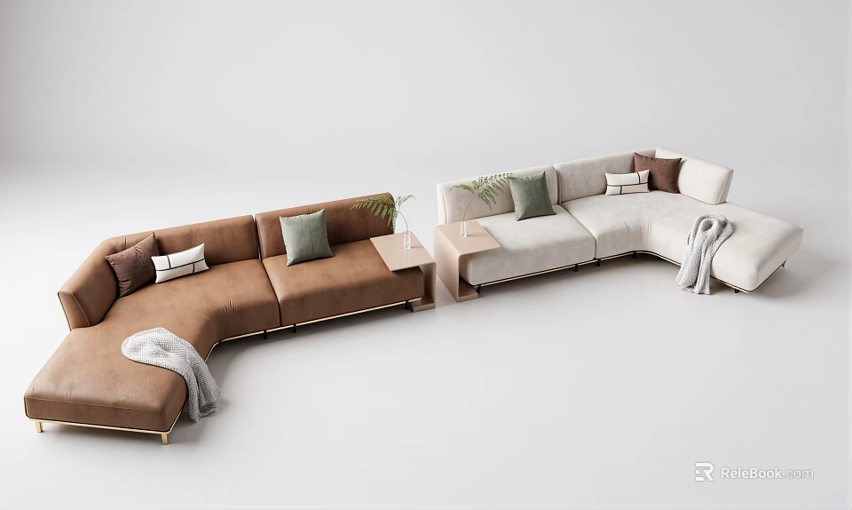 Modern Sectional Sofas in Brown and Light Gray with Pillows Side Tables and Throws 3d model