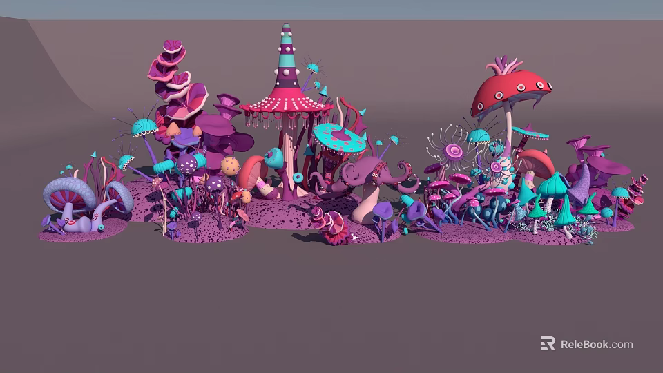 Colorful Fantasy Mushroom Scene With Magical Decorative Elements And Vibrant Shapes 3d model 