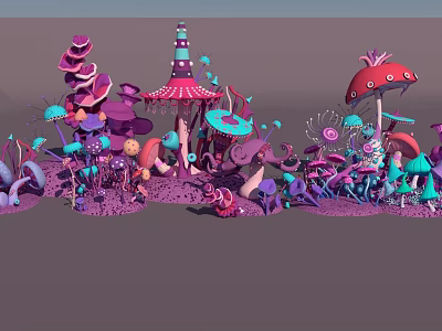 Colorful Fantasy Mushroom Scene With Magical Decorative Elements And Vibrant Shapes 3d model
