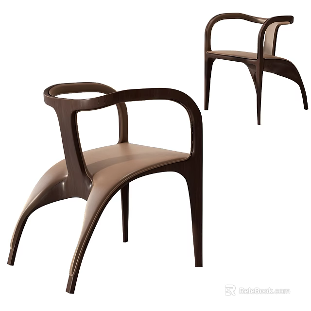 Modern Leisure Chair With Wooden Frame Curved Armrests Leather Seat And Unique Leg Design 3d model 