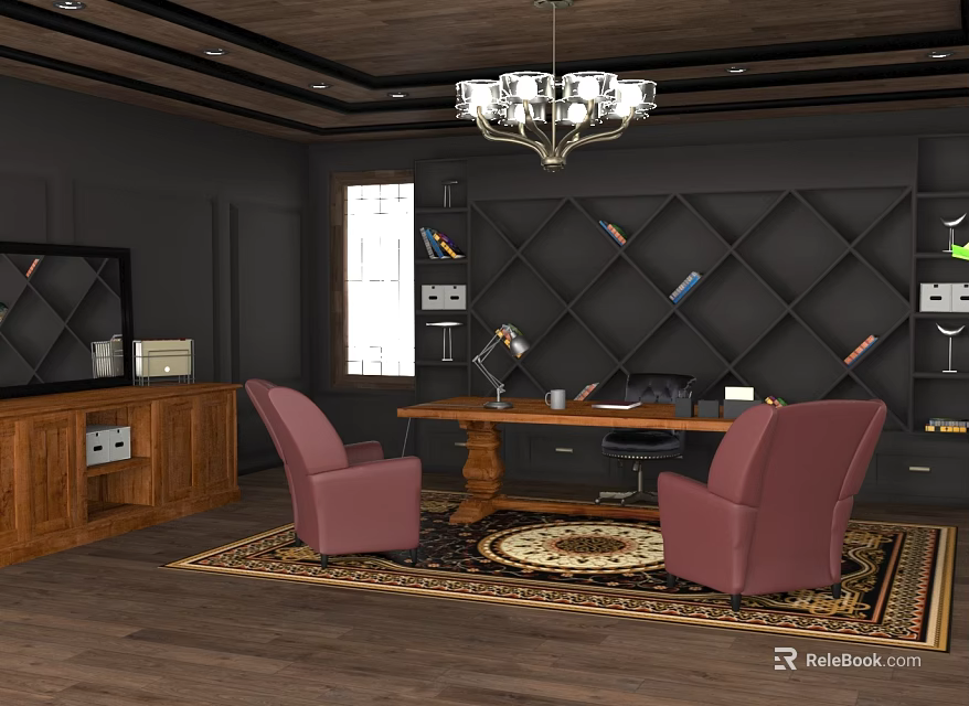 Modern Office Interior With Black Walls Wooden Ceiling Chandelier Pink Armchairs Desk Bookshelves And Rug 3d model 
