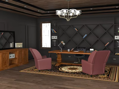 Modern Office Interior With Black Walls Wooden Ceiling Chandelier Pink Armchairs Desk Bookshelves And Rug 3d model