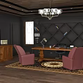 Modern Office Interior With Black Walls Wooden Ceiling Chandelier Pink Armchairs Desk Bookshelves And Rug