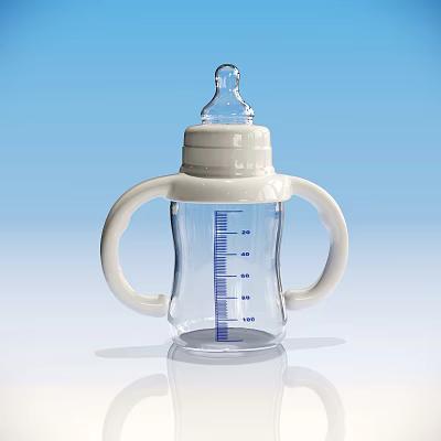 Transparent Baby Bottle With Two Handles Measurement Scale And White Nipple 3d model