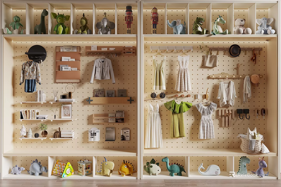 Toy And Clothing Display Shelf With Dinosaur Toys Hats And Mini Furniture Models 3d model 