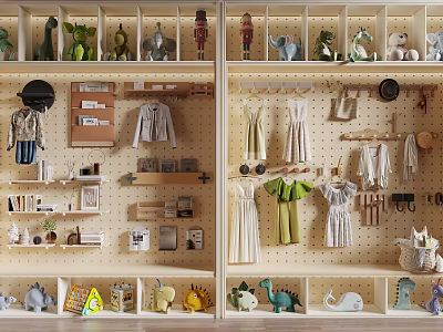 Toy And Clothing Display Shelf With Dinosaur Toys Hats And Mini Furniture Models 3d model