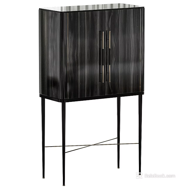 Modern Entryway Console Cabinet With Black Wood Grain Double Doors And Metal Legs 3d model 