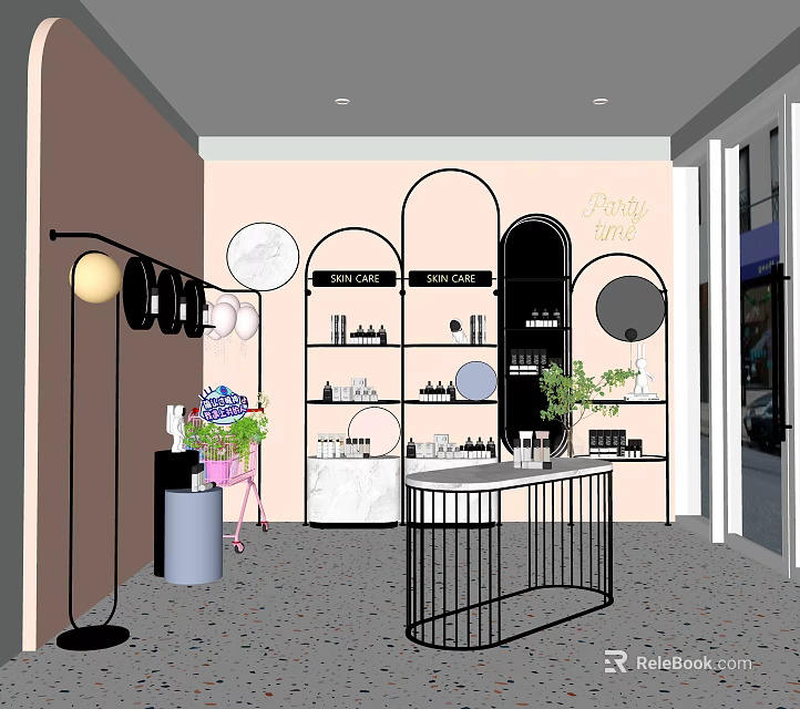 Modern Cosmetics Boutique Interior With Arched Shelves Plants Mirror And Lighting 3d model 