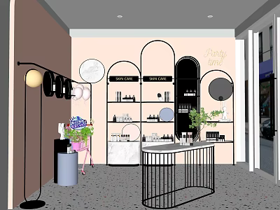 Modern Cosmetics Boutique Interior With Arched Shelves Plants Mirror And Lighting 3d model